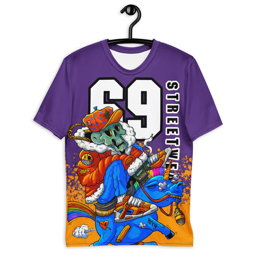 Men's "69 Streetwear" graphic t-shirt, skeleton riding unicorn design, vibrant graphic tee, bold streetwear shirt.
