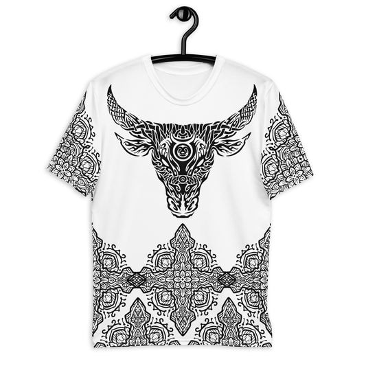 Men's white t-shirt featuring a black mandala and a majestic bull's head design, symbolizing strength and spirituality in a wearable art form.
