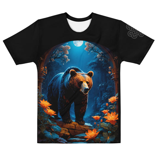 mystic forest bear t-shirt, moonlit nature scene tee, men's wildlife graphic top