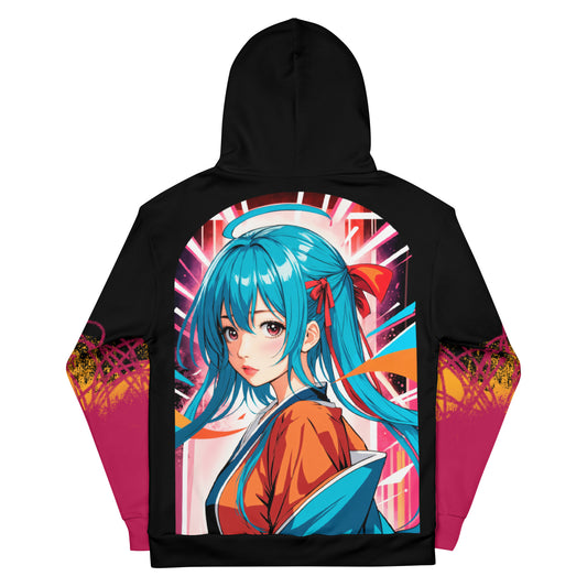 Women's anime-themed recycled hoodie, vibrant cyber pop print, sustainable women's fashion hoodie, dynamic neon cityscape design.