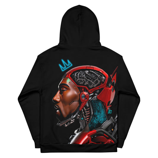 Women's black hoodie with cybernetic and robotic face design, futuristic and tech-inspired fashion.