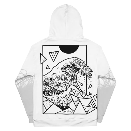 Women's artistic hoodie with black and white wave design, modern geometric shapes, stylish hoodie with wave print for women.