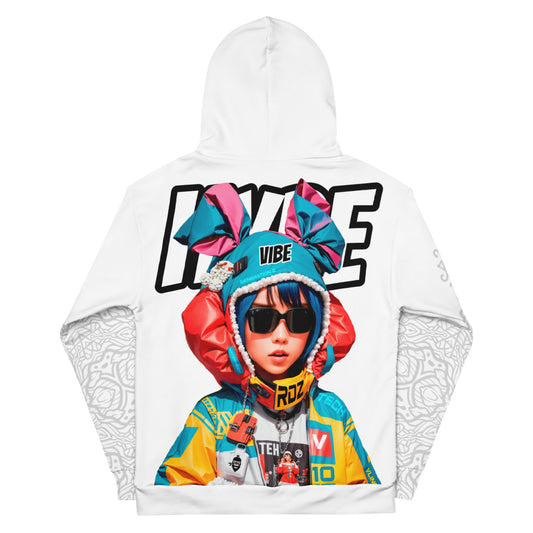Vibrant urban hoodie, colorful streetwear design, futuristic style character hoodie