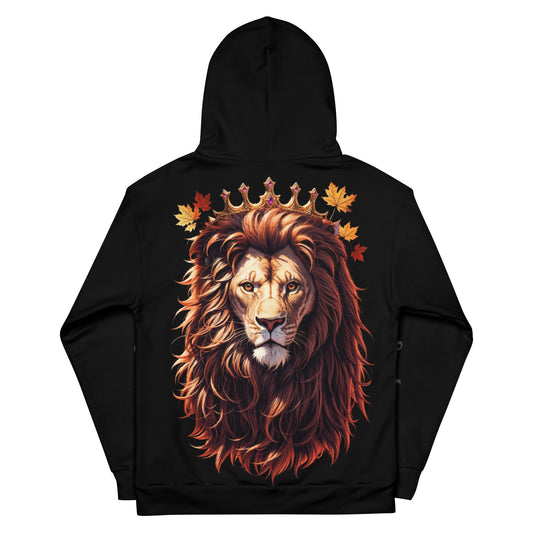 Majestic Lion with Crown Hoodie, Autumn Foliage Royal Lion Sweatshirt, Regal Animal Portrait Hoodie, Nature King Autumn Apparel