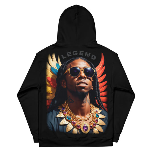 Legendary Rapper with Feathers Hoodie, Vibrant Hip-Hop Icon Sweatshirt, Music Legend Portrait Apparel