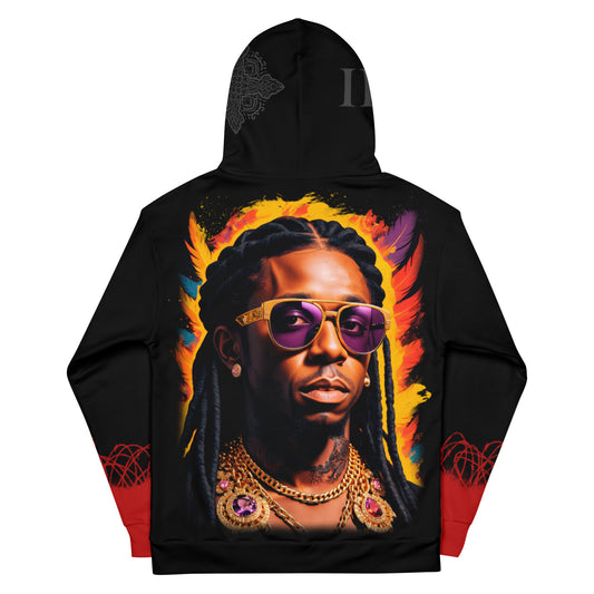 Fiery Rapper Portrait Hoodie, Vibrant Musician Graphic Sweatshirt, Urban Hip-Hop Flame Hoodie, Bold Rapper Fashion Statement