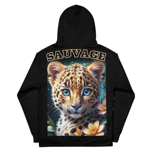 Women's "sauvage" leopard hoodie, playful leopard cub hoodie, vivid blue eyes leopard hoodie.