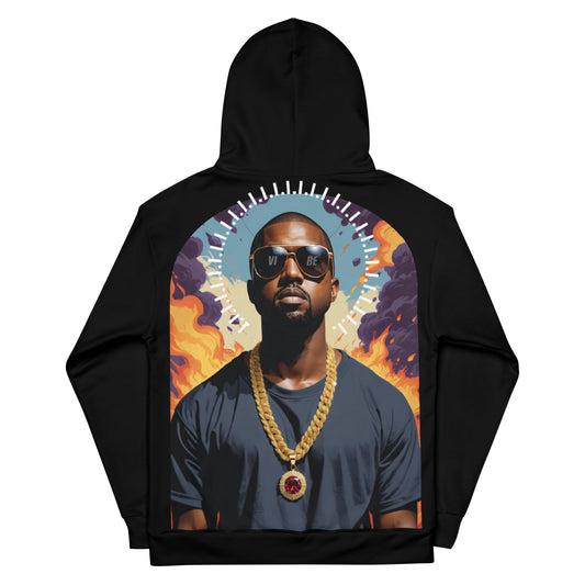 Hip-Hop Icon Hoodie, Divine Flames Rapper Portrait, Stylish Rapper with Golden Chain, Artistic Musician Hoodie