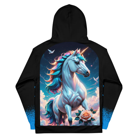 Women's majestic unicorn hoodie, multicolored unicorn mane hoodie, ethereal unicorn-themed hoodie.