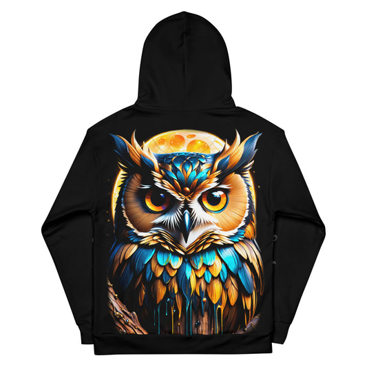 Women's vibrant owl hoodie, detailed owl illustration hoodie, nature-inspired owl hoodie.