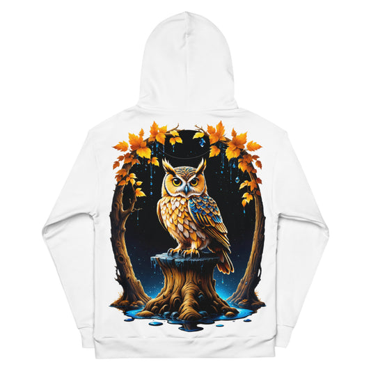 Women's recycled hoodie with owl design, autumn leaf pattern, sustainable fall fashion hoodie, nature-themed women's outerwear.
