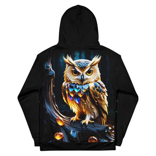 Women's owl forest hoodie, vibrant mystical tree design, eco-friendly fashion hoodie
