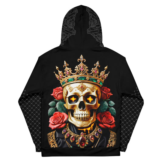 Enthroned Skull with Golden Crown, Gothic Hoodie with Radiant Eyes, Regal Rose Embellished Skull Hoodie, Dark Aesthetic Streetwear