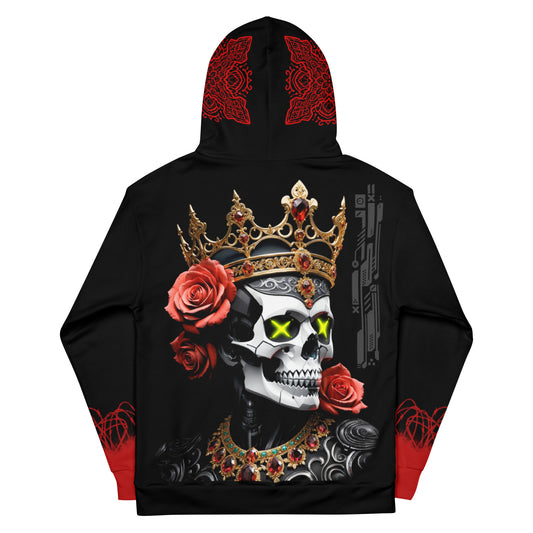 Royal Skull with Crown Hoodie, Gothic Red Rose Design, Majestic Crowned Skull Apparel, Edgy Hoodie with Floral Accents