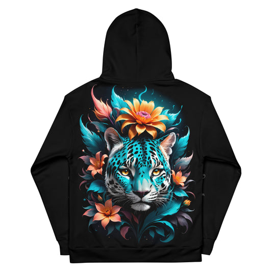 Women's vibrant panther hoodie, bold floral panther hoodie, fantasy-themed panther hoodie.