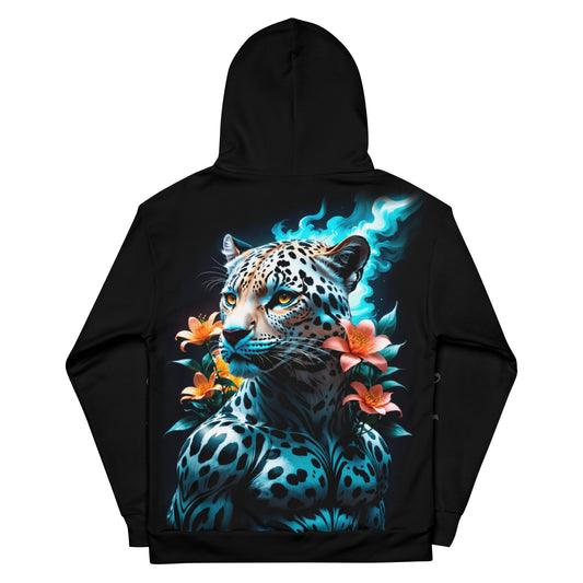Women's ethereal leopard art hoodie, fiery leopard design, vibrant flower and leopard hoodie.