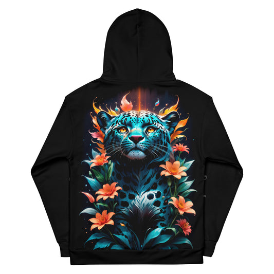 Women's mystical panther hoodie, vibrant floral panther hoodie, fantasy-themed panther hoodie.