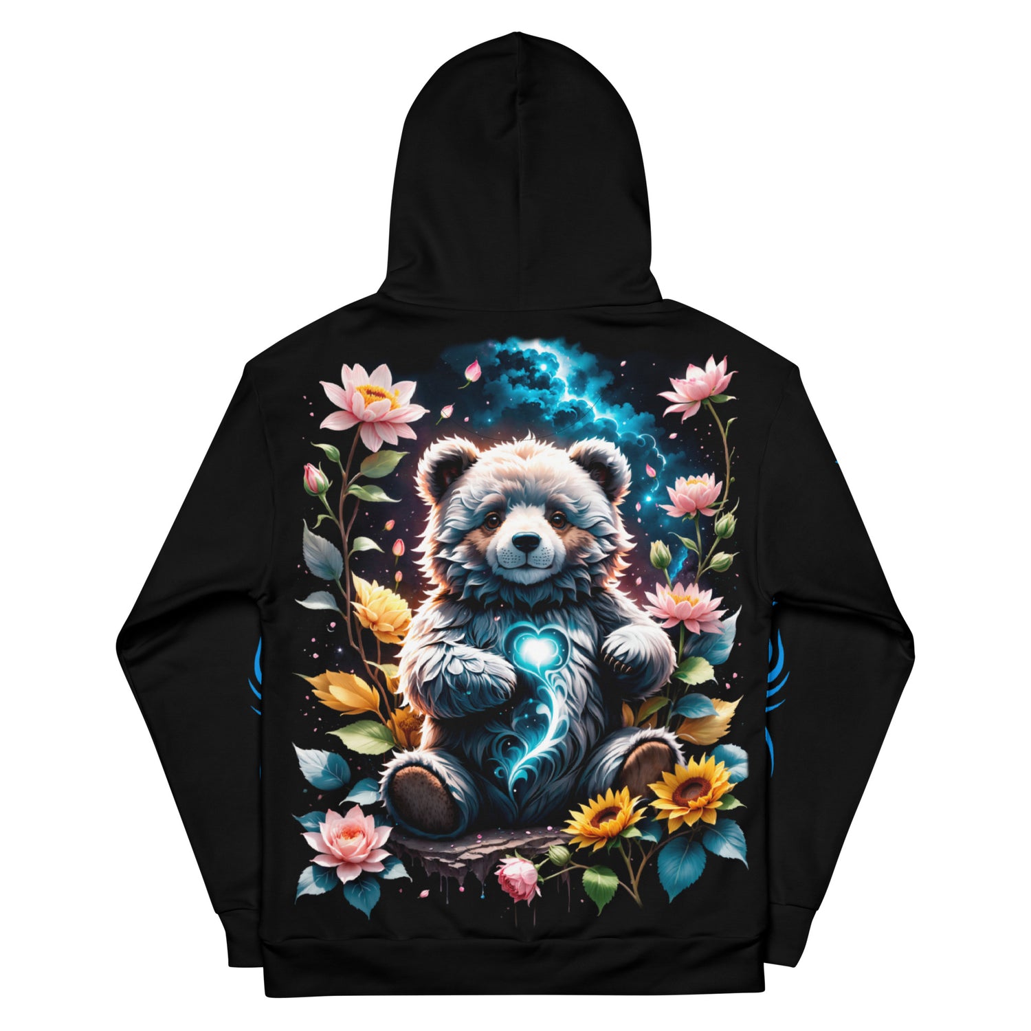 Eco-friendly women's hoodie featuring a panda in a blooming enchanted forest design, combining sustainability with enchanting fashion.