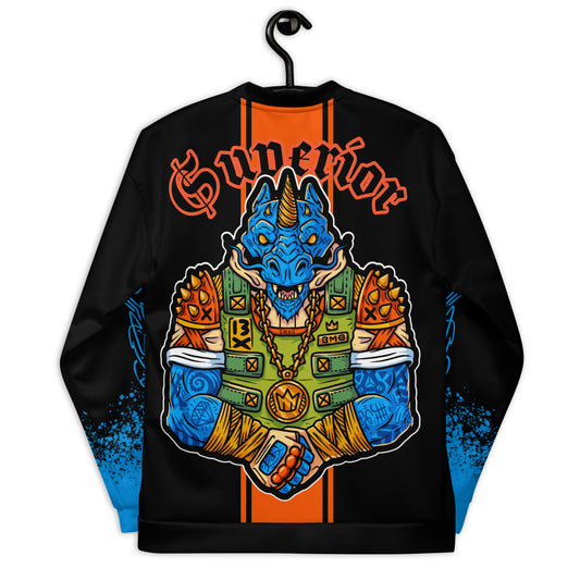 Cyber Mythical Beast Jacket, Men's Fashion Bomber, Blue Creature Design, Black and Orange Jacket, Symbolic Beast Apparel.
