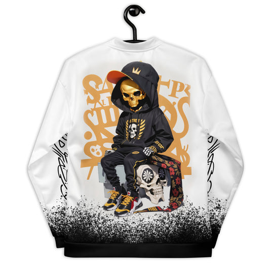 Men's urban commando bomber jacket with a golden skull design, infusing street art and tactical fashion into a statement piece for the contemporary urbanite.