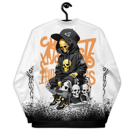 Men's gold skull gang bomber jacket featuring striking urban design, perfect for trendsetters looking to make a strong fashion statement.