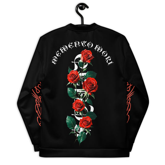 Men's black bomber jacket with red roses and 'Memento Mori' gothic script, representing elegance and the reminder of life's impermanence.