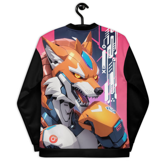 cybernetic fox men's bomber jacket, men's urban techwear with animal design, advanced fox character men's jacket