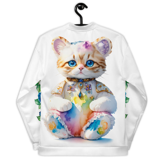 Women's whimsical cat fantasy bomber jacket, kitten with jeweled collar design, enchanting blue roses and kitty women's jacket.