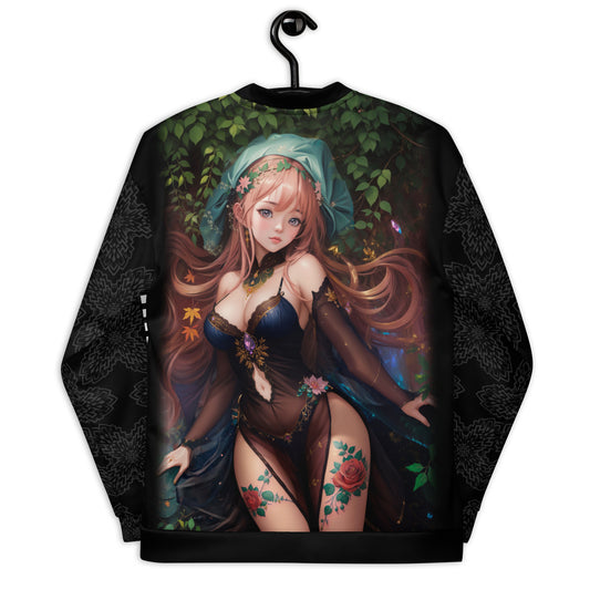 Men's bomber jacket with enchanted forest nymph, trendy and magical style, nature-inspired men's fashion.