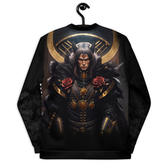 Warrior's aura women's bomber jacket, fierce warrior illustration jacket, golden and rose women's outerwear.