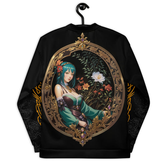 Women's enchanted garden portrait bomber jacket, floral print with golden accents, mystical botanical women's outerwear.