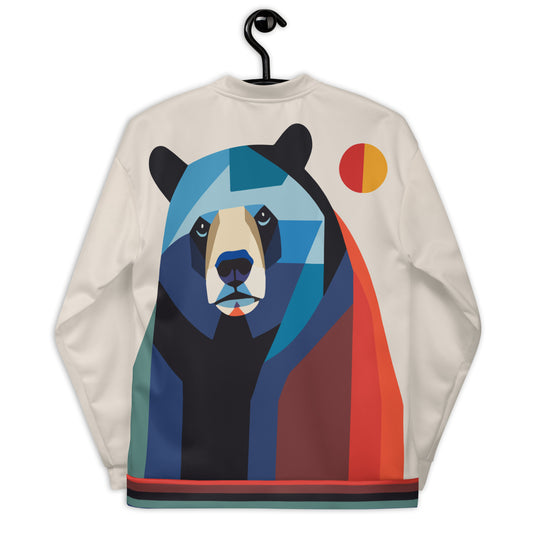 geometric bear design jacket, men's geometric pattern bomber, abstract wildlife men's jacket