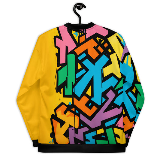 Women's graffiti splash bomber jacket, colorful street art outerwear, vibrant spray paint design jacket.