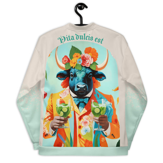 Women's La Dolce Vita bomber jacket, floral bull celebration design, unique vibrant lifestyle women's wear.