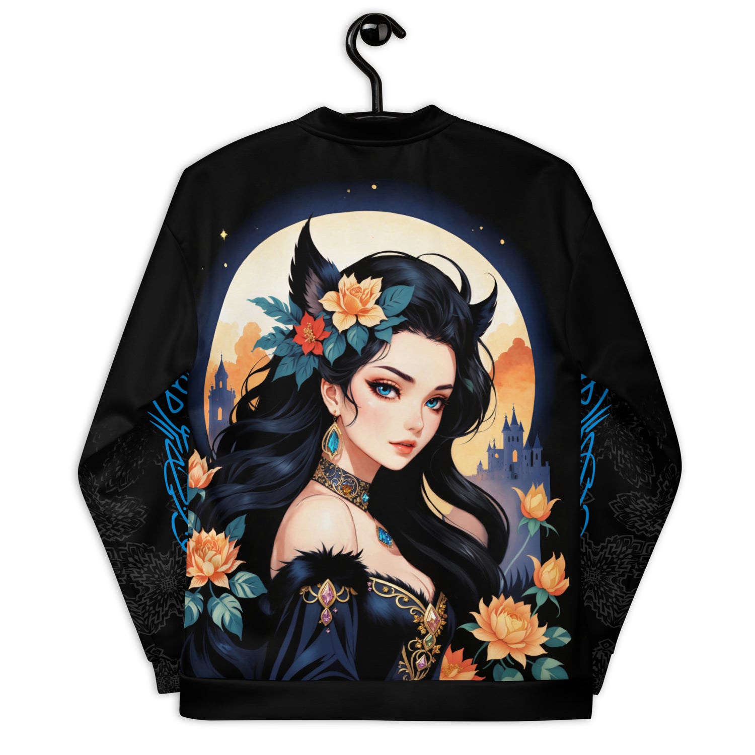 Women's midnight blossom fantasy bomber jacket, enchanting figure with floral crown design, stylish fantasy-inspired women's outerwear.