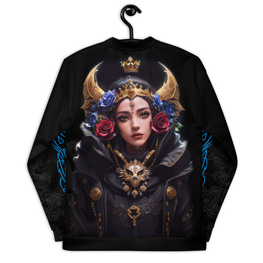 women's regal fantasy bomber jacket, elegant queen portrait apparel, majestic fantasy style jacket.