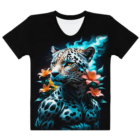Ethereal jaguar print, women's floral jaguar t-shirt, crew neck jaguar blossom top.