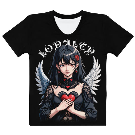 Women's black t-shirt with a detailed angelic heart guardian print, blending love and protection in a stylish and mystical design.