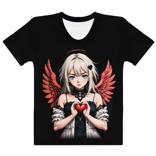 Women's black t-shirt displaying a cherubic angel holding a heart, blending themes of innocence and love in a captivating graphic design.