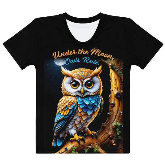 Women's black t-shirt with a detailed print of a colorful owl under the moon, encapsulating the majestic and serene essence of nocturnal wildlife.