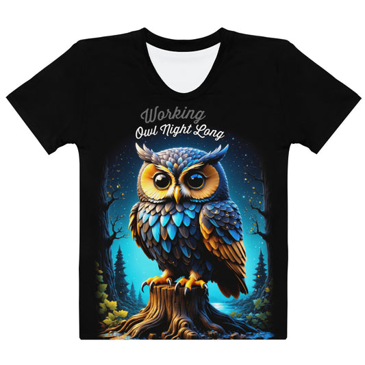 Women's black t-shirt with a colorful owl illustration and the fun phrase "Working Owl Night Long," embodying the spirit of late-night productivity and whimsy.