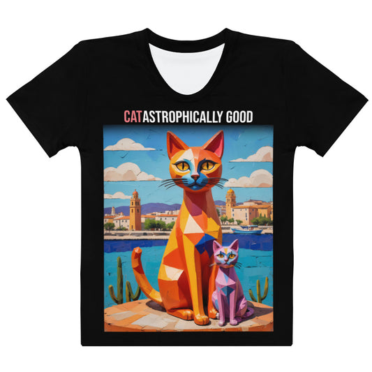 Women's black t-shirt with vibrant geometric cats and a scenic Mediterranean background, combining artful design with a humorous touch.