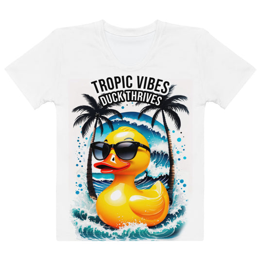 Women's white t-shirt with a vibrant print of a rubber duck enjoying tropical island vibes, complete with sunglasses and a fun-loving attitude.