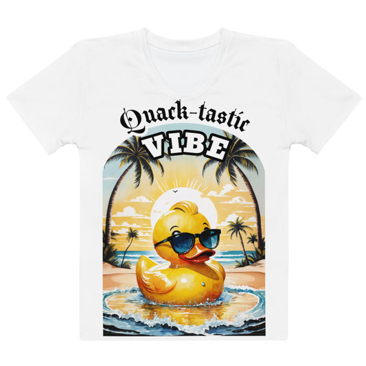 Women's white t-shirt featuring a charismatic rubber duck on a tropical beach, emanating a relaxed and fun 'Quack-tastic Vibe.