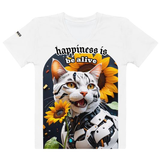 Women's white t-shirt with a cheerful robotic cat amidst sunflowers, inspiring happiness and the celebration of life with a quirky and bright design.