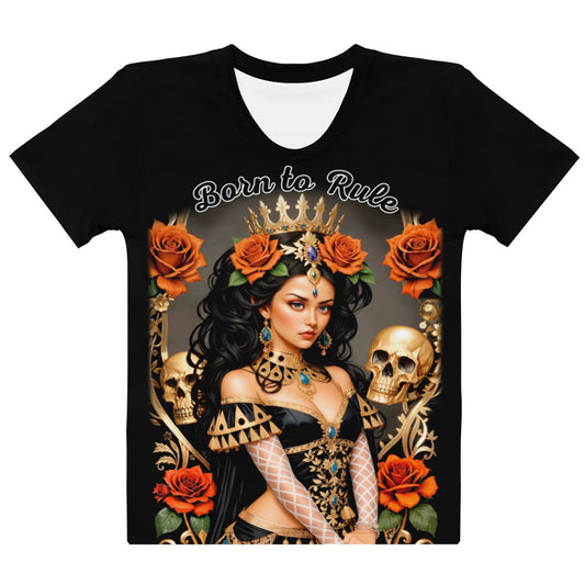 Women's black t-shirt with a gothic queen surrounded by roses and skulls, embodying a powerful and regal presence with a dark, enchanting allure.