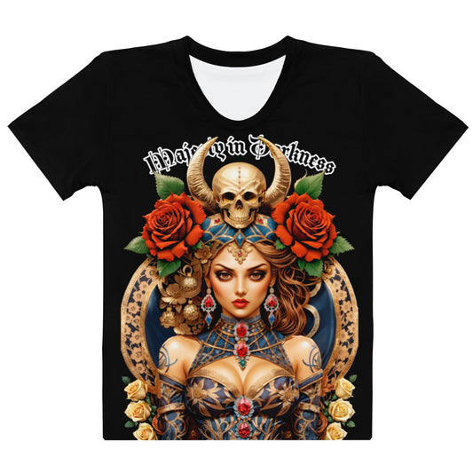 Women's black t-shirt with a gothic empress design, featuring a skull and floral crown, projecting power, and dark beauty in a striking graphic.