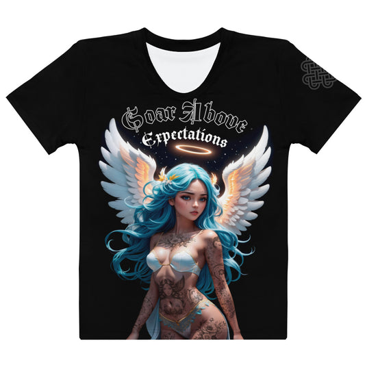 Women's black t-shirt showcasing an ethereal angel with turquoise hair and white wings, symbolizing freedom and the power to surpass expectations.