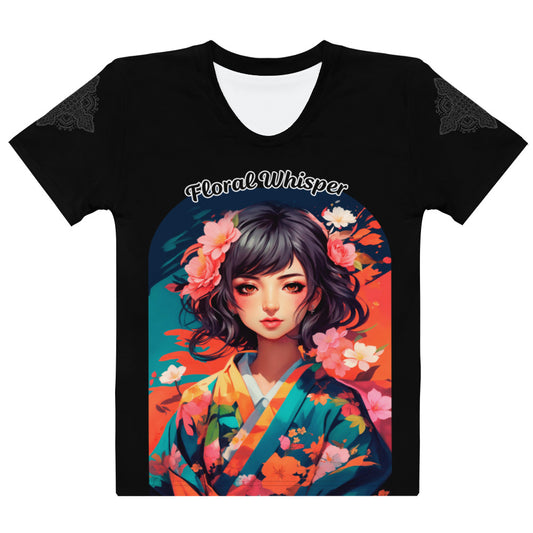 Women's black t-shirt with a stunning illustration of a woman in a floral kimono, surrounded by a beautiful arrangement of spring flowers and the phrase "Floral Whisper."