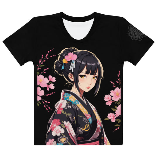 Women's black t-shirt displaying an elegant portrait of a woman in a floral kimono, capturing the essence of Japanese beauty and the freshness of spring flowers.